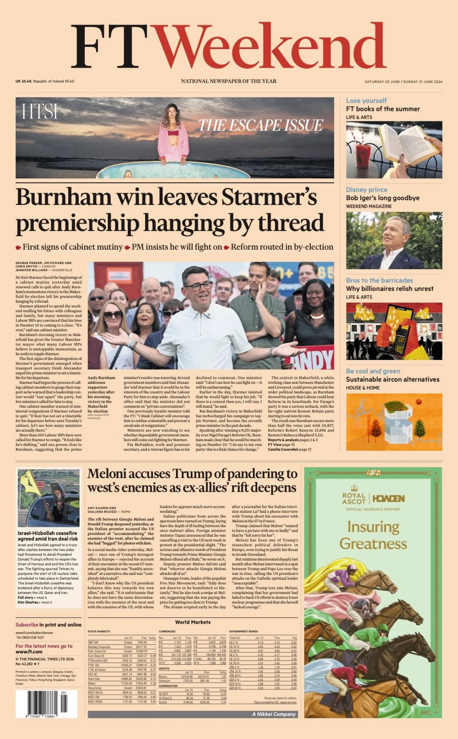 The headline on the front page of the FT Weekend reads: