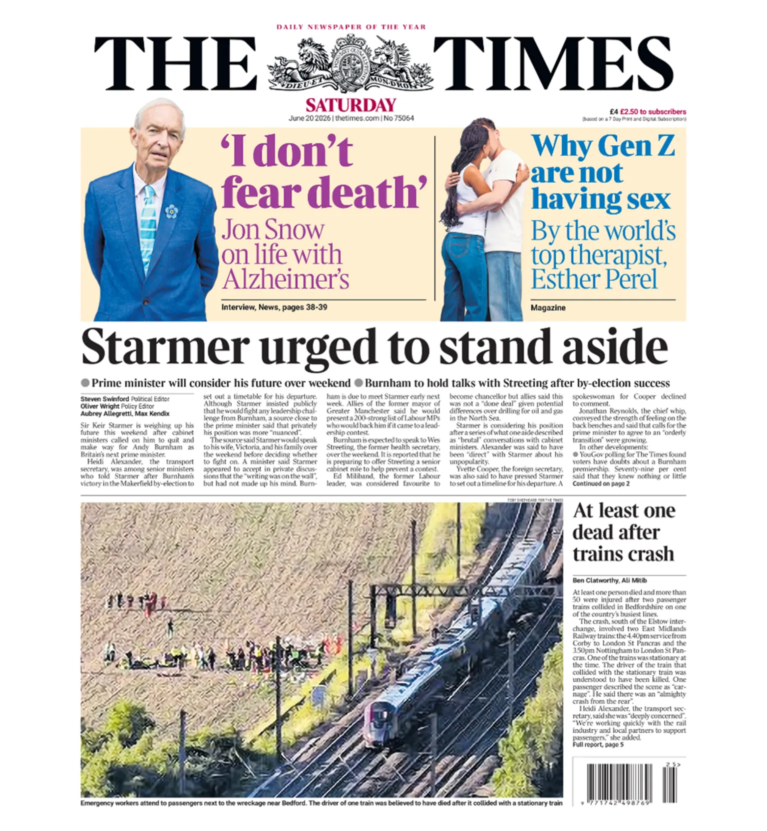 The headline on the front page of the Times reads: