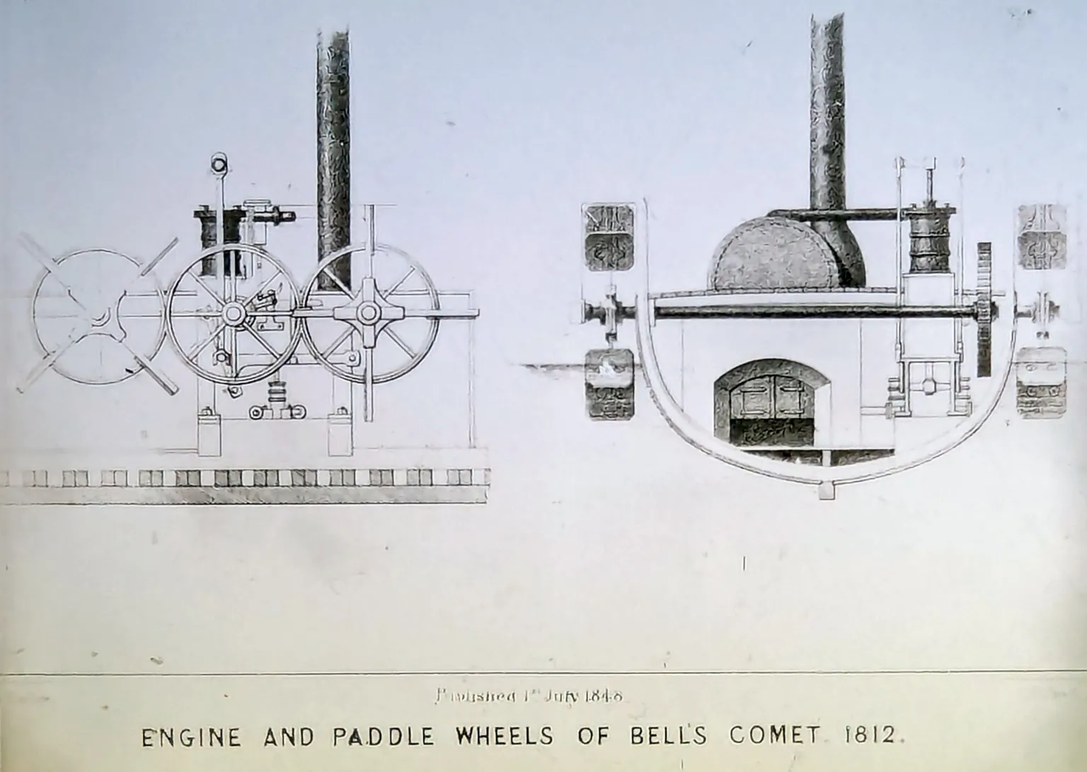 Old drawings of a steam engine and mechanical details for the 1812 Comet