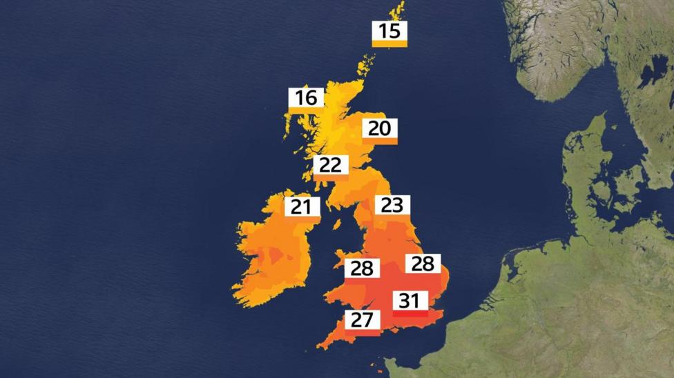A BBC Weather map showing forecast temperatures for Sunday, ranging from 15C in Shetland to 31C in south-east England