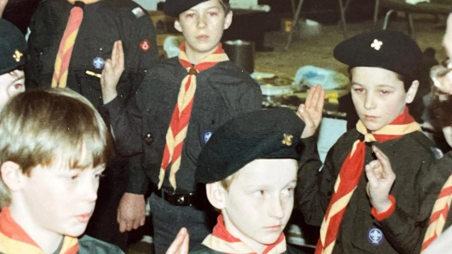Blundell family P-A (far left) and Rhys (far right) in Scouts together as children wearing Scout outfits