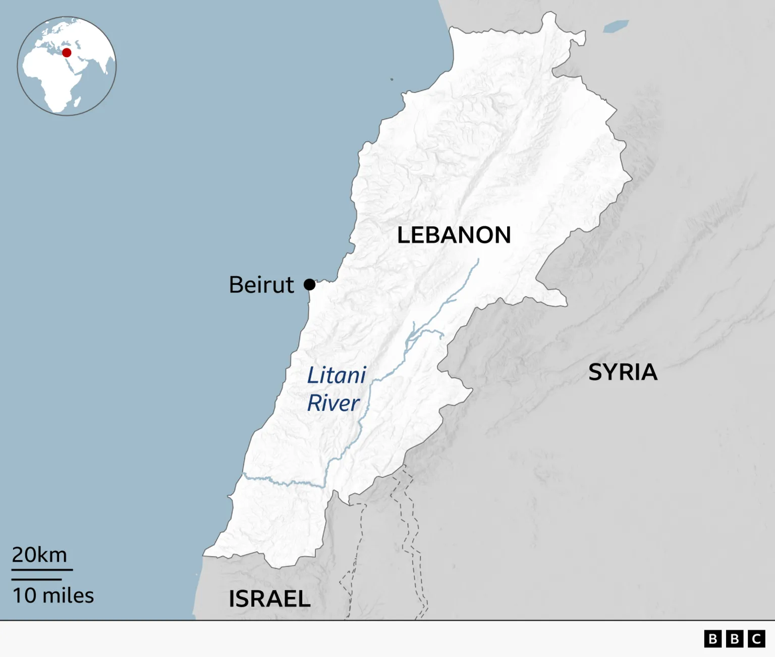 A map showing Lebanon, Syria on the west and Israel in the south.
