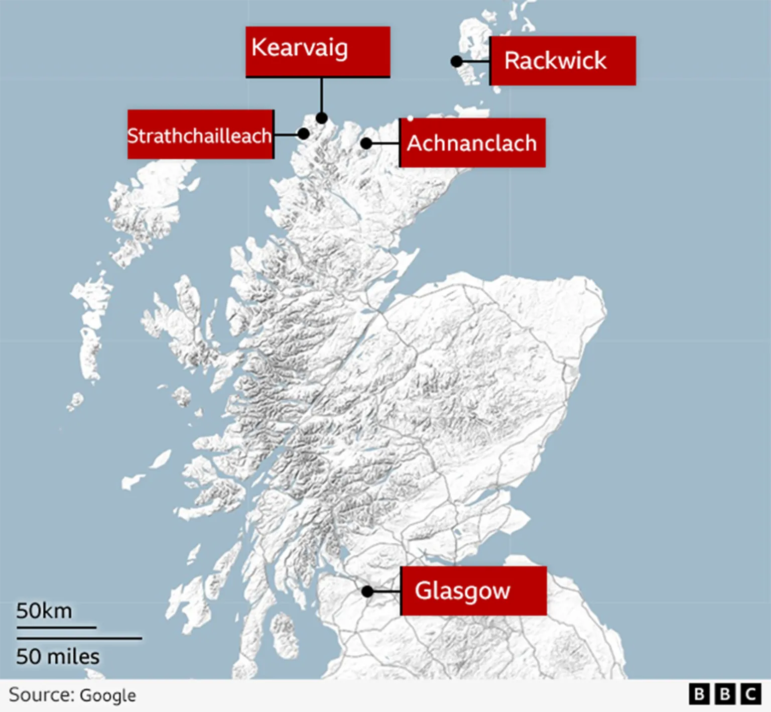 Pictured is a map of Scotland, showing the distance from Glasgow to some of the most northerly bothies in mainland Scotland, to the most northerly in Rackwick. 