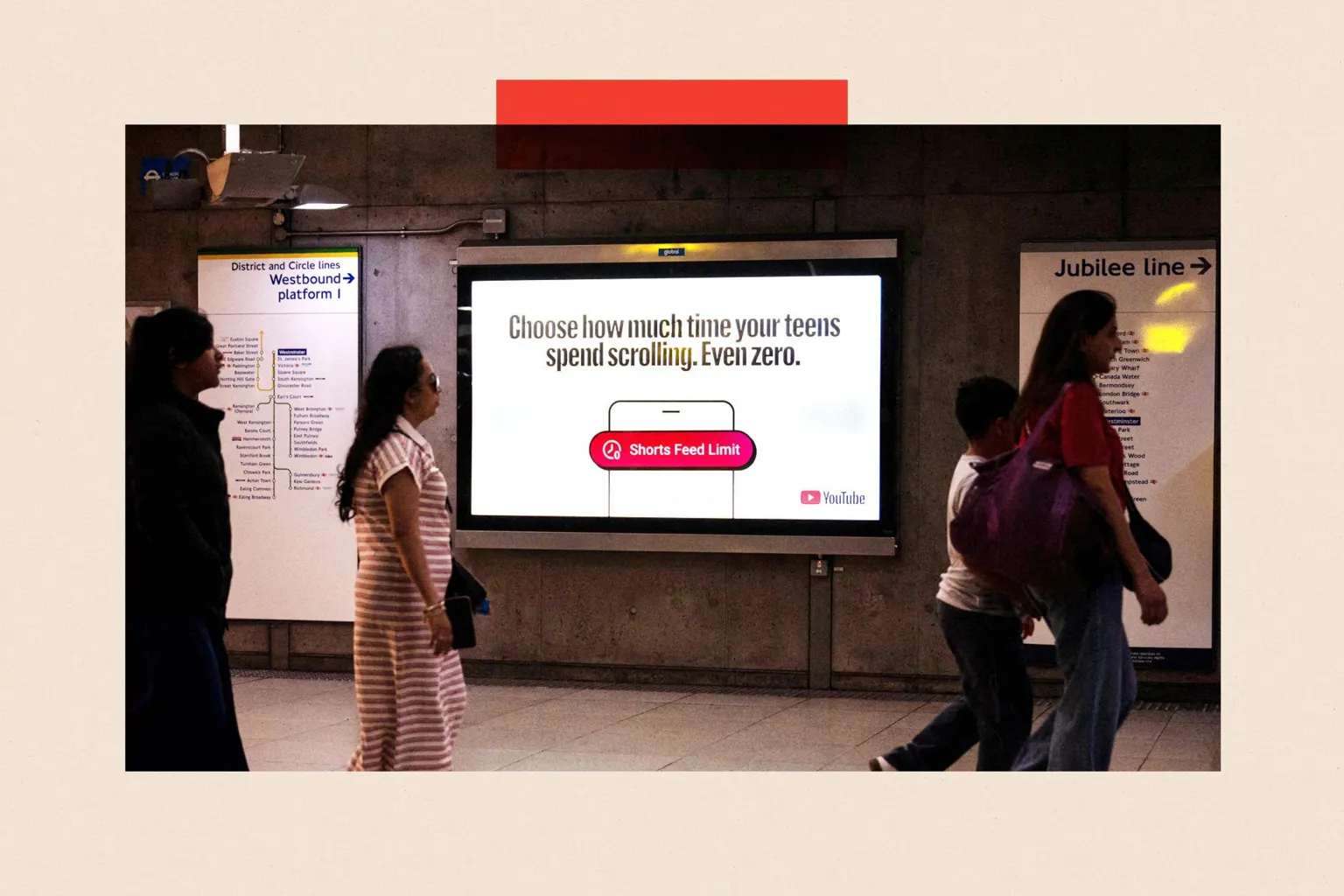 A YouTube advert at Westminster Underground station in London reads: