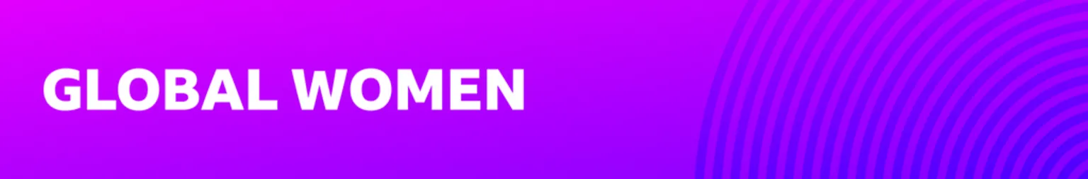 Graphic with Global Women written in white on a purple background, with blueish-purple arcs taken from concentrically arranged circles on the right.