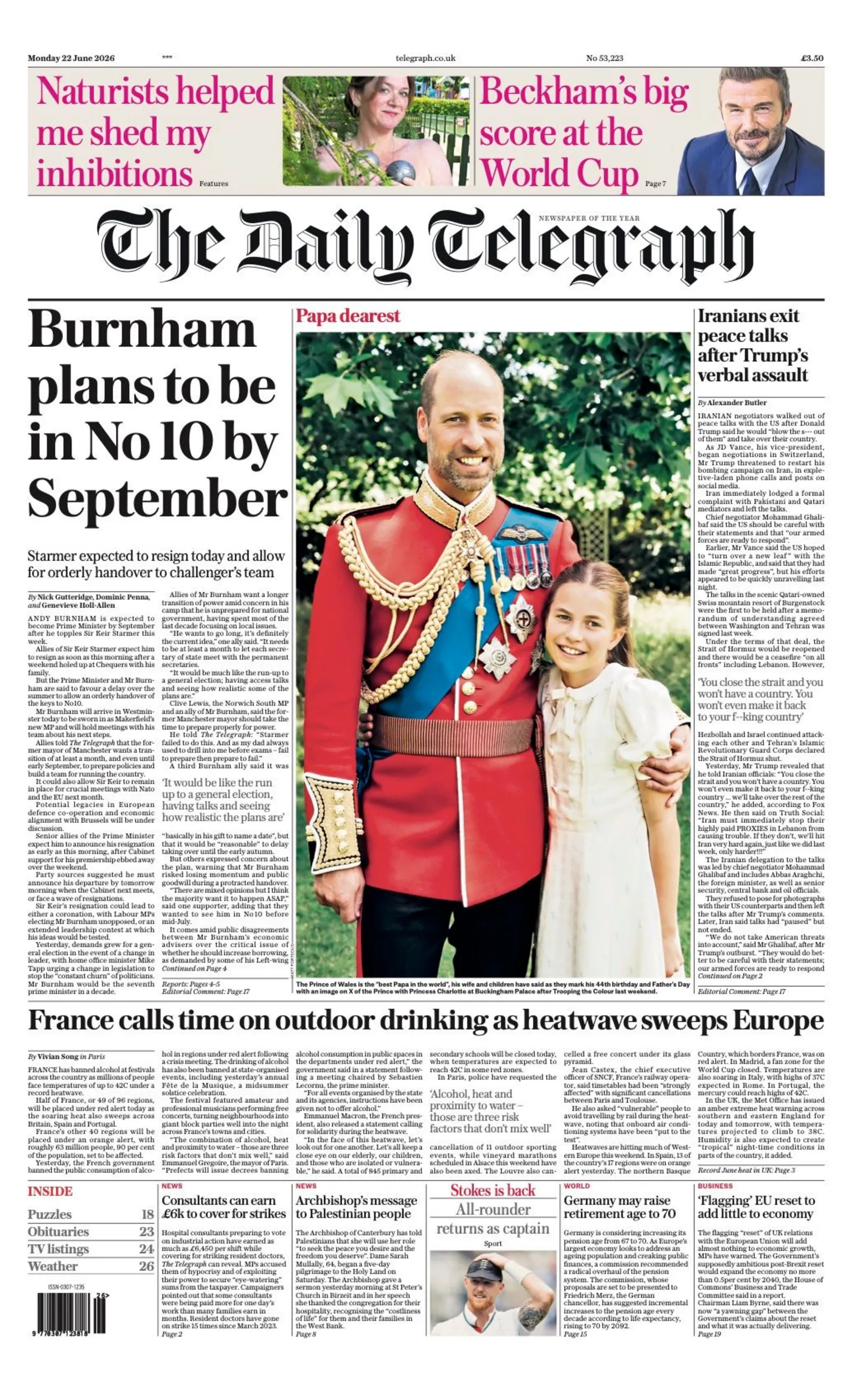 The Daily Telegraph's front page headline reads 'Burnham plans to be in No 10 by September'