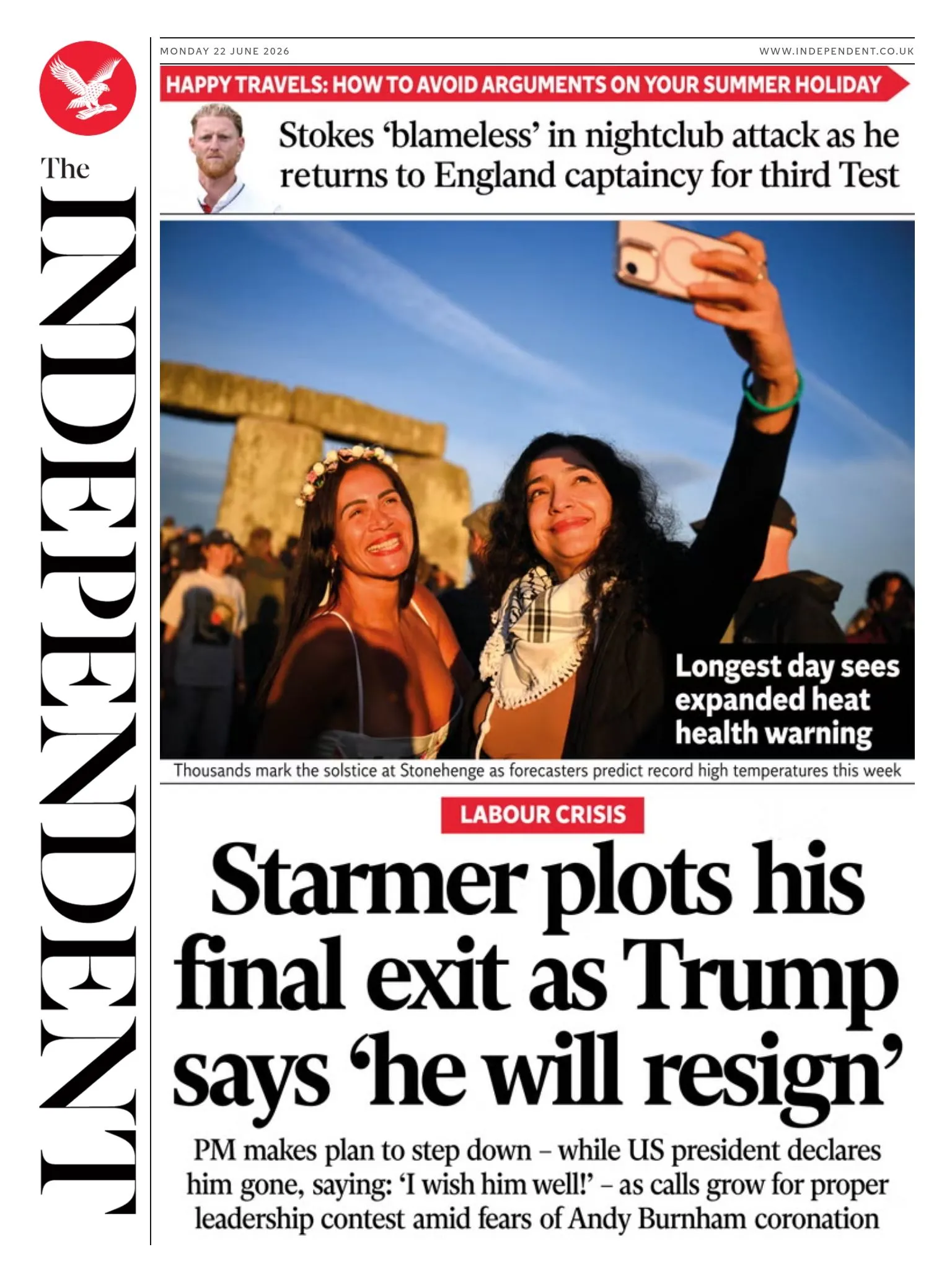 The Independent's front page headline reads 'Starmer plots his final exit as Trump says 'he will resign'