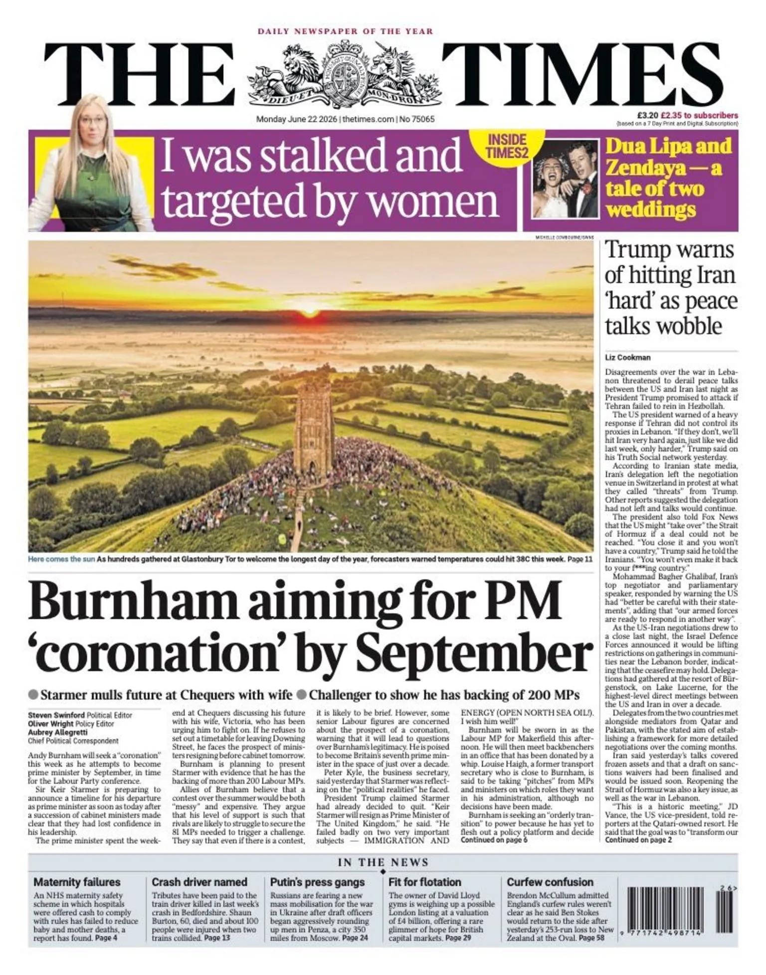 The Times' front page headline reads 'Burnham aiming for PM