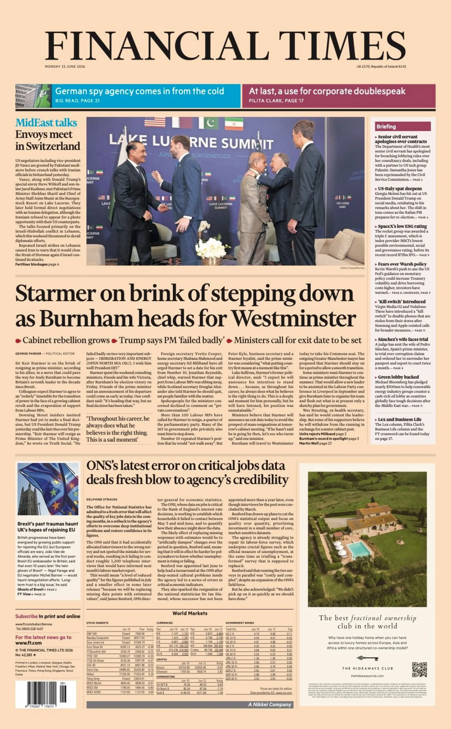 The Financial Times' front page headline reads 'Starmer on brink of stepping down as Burnham heads for Westminster'