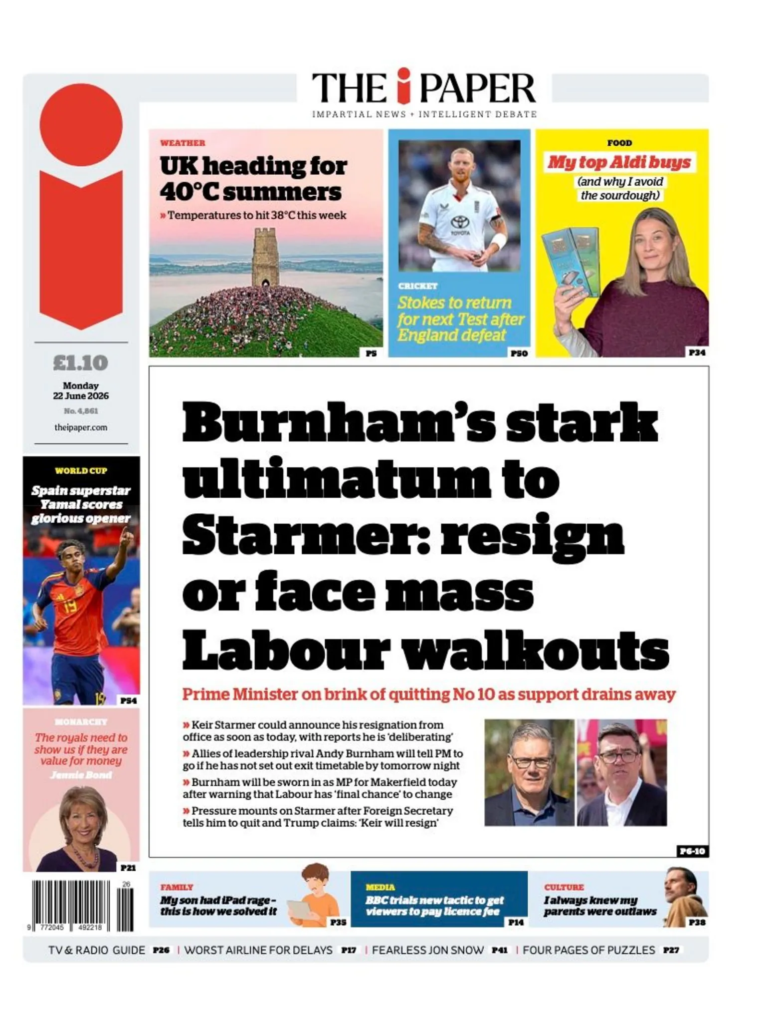 The i Paper's front page headline reads 'Burnham's stark ultimatum to Starmer: resign or face mass Labour walkouts'