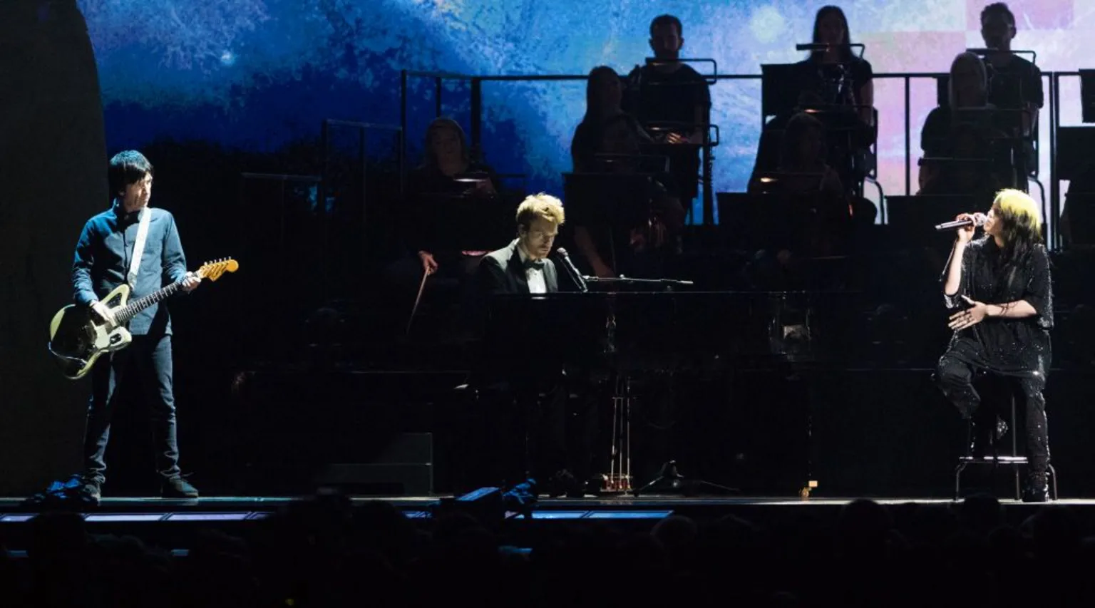  Johnny Marr on stage at the Brit Awards with Billie Eilish and her brother Finneas