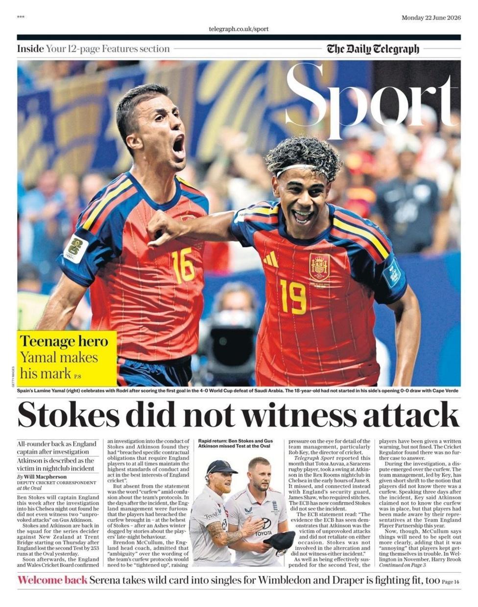 Lead sport page of the Daily Telegraph on 22 June 2026