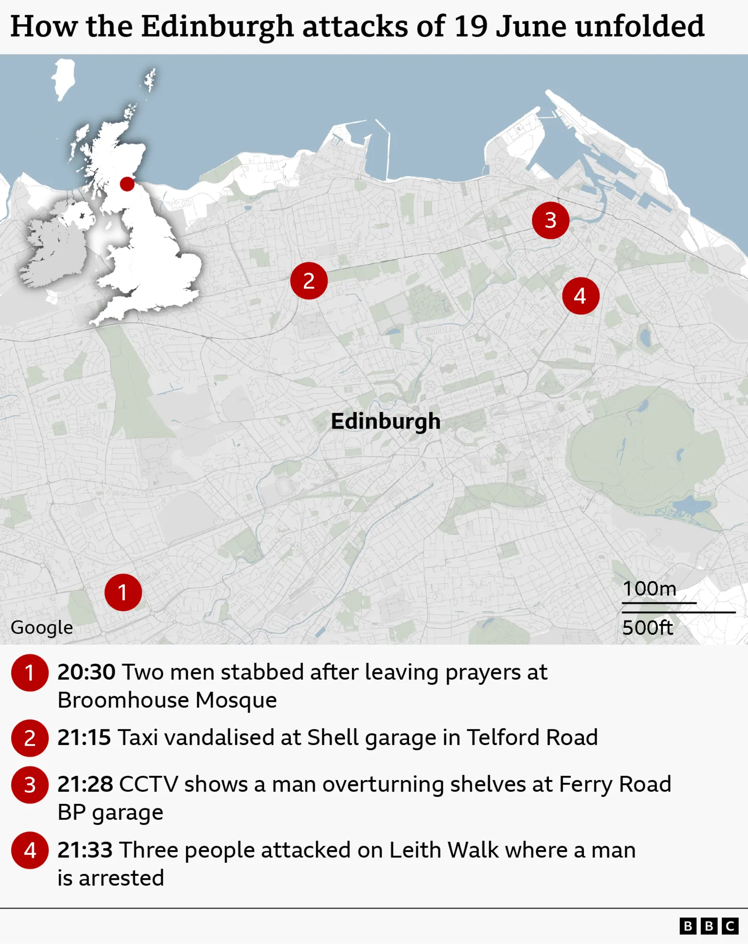 A map showing the locations of various reports of attacks or vandalism