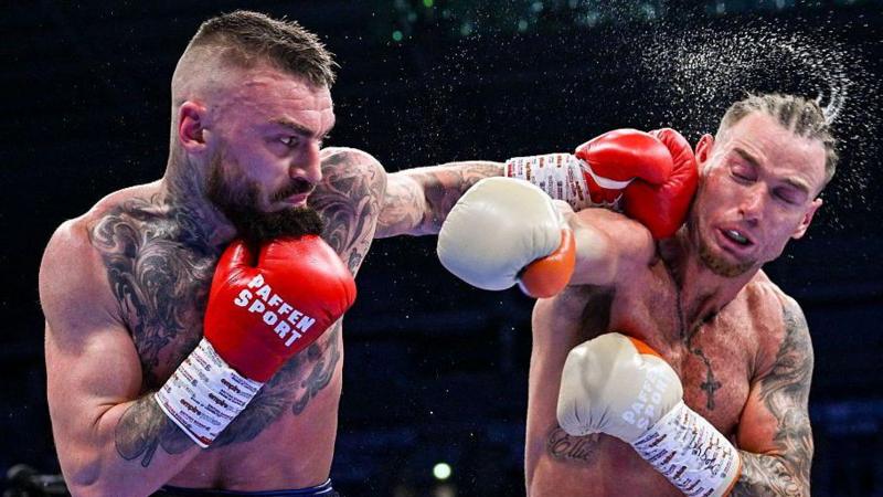 Lewis Crocker lands a left hook in his world title win over Paddy Donovan 
