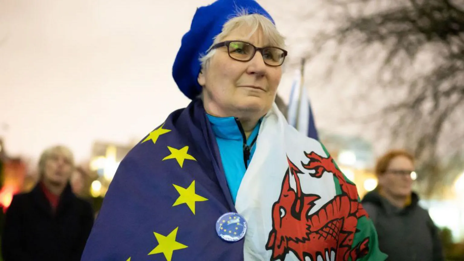 An older woman wearing two flags - one belonging to the European Union, the other the Red Dragon of Wales. Both flags are wrapped around her. She has a pro-EU badge in the middle of the two.