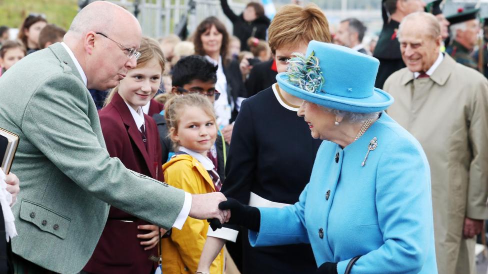 Peter Murrell greets Queen Elizabeth as Prince Philip, Duke of Edinburgh looks on during the official opening ceremony of the Queensferry Crossing, on September 4, 2017.