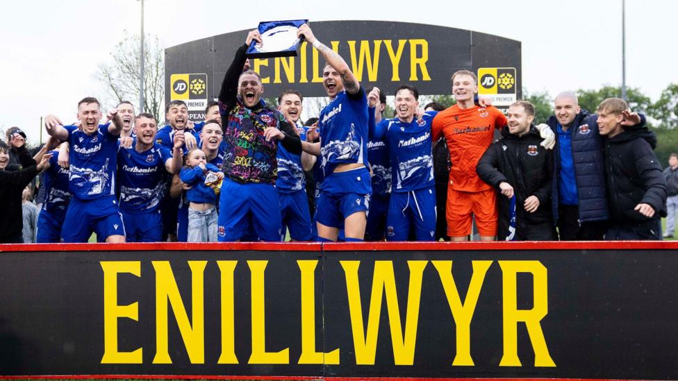Penybont players celebrate winning the 2026 European play-off final