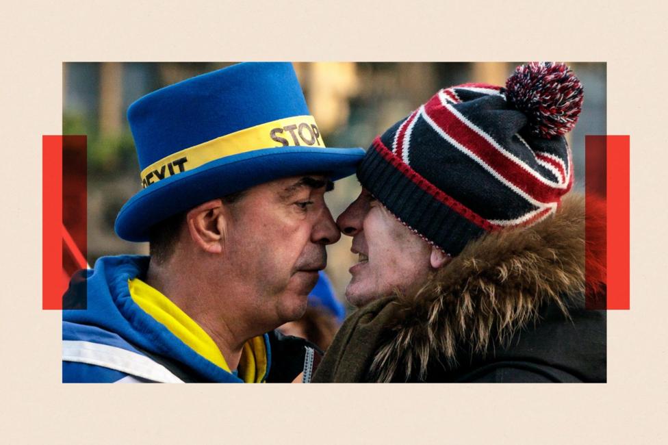Anti-Brexit protester Steve Bray (L) and a pro-Brexit protester argue as they demonstrate outside the Houses of Parliament in Westminster