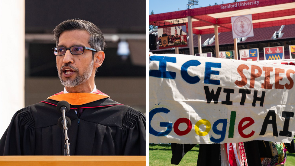 A composite image in two parts - on the left is a picture of Sundar Pichai giving his Stanford commencement, dressed in an academic gown. On the right is a banner held aloft by a student at the same event, which reads ICE SPIES WITH GOOGLE AI