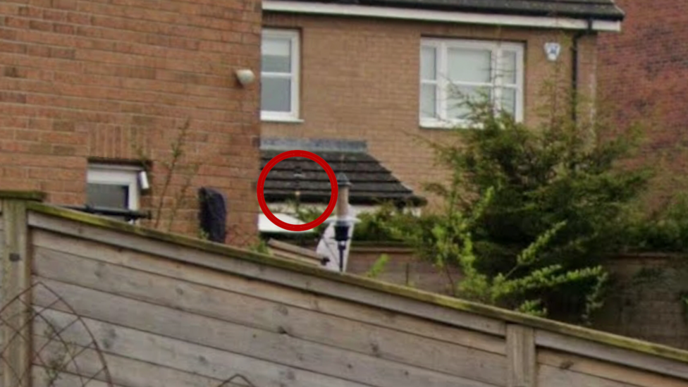 A Google Map close-up of the weather station in the garden. There is a red circle around it.