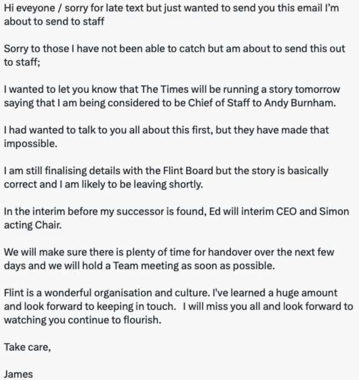 James Purnell’s message to staff at Flint Global