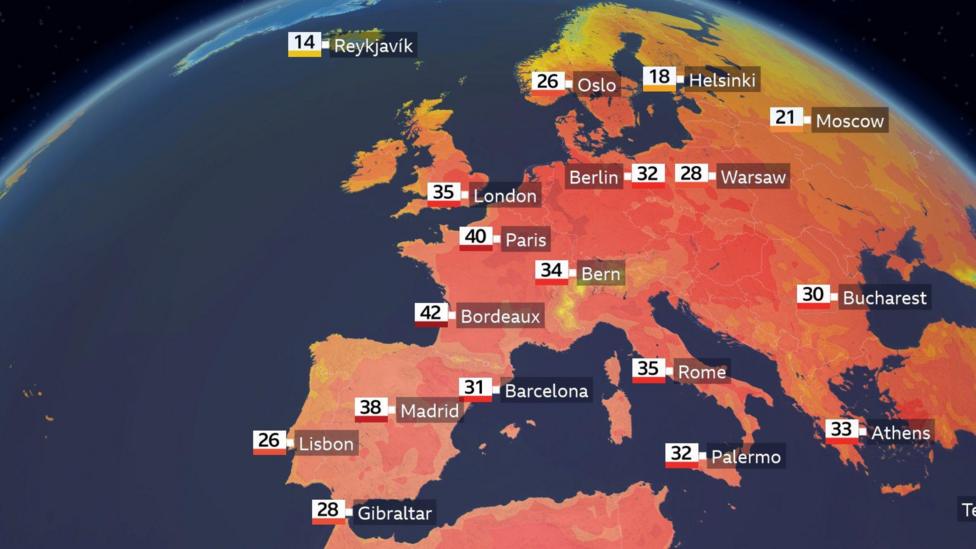 Map plotting key cities across Europe, and the top temperatures that are forecast in each place.