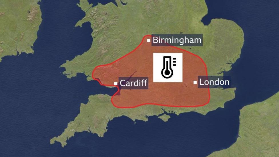 BBC Weather map showing the red warning area stretching across most of central southern England and parts of south Wales