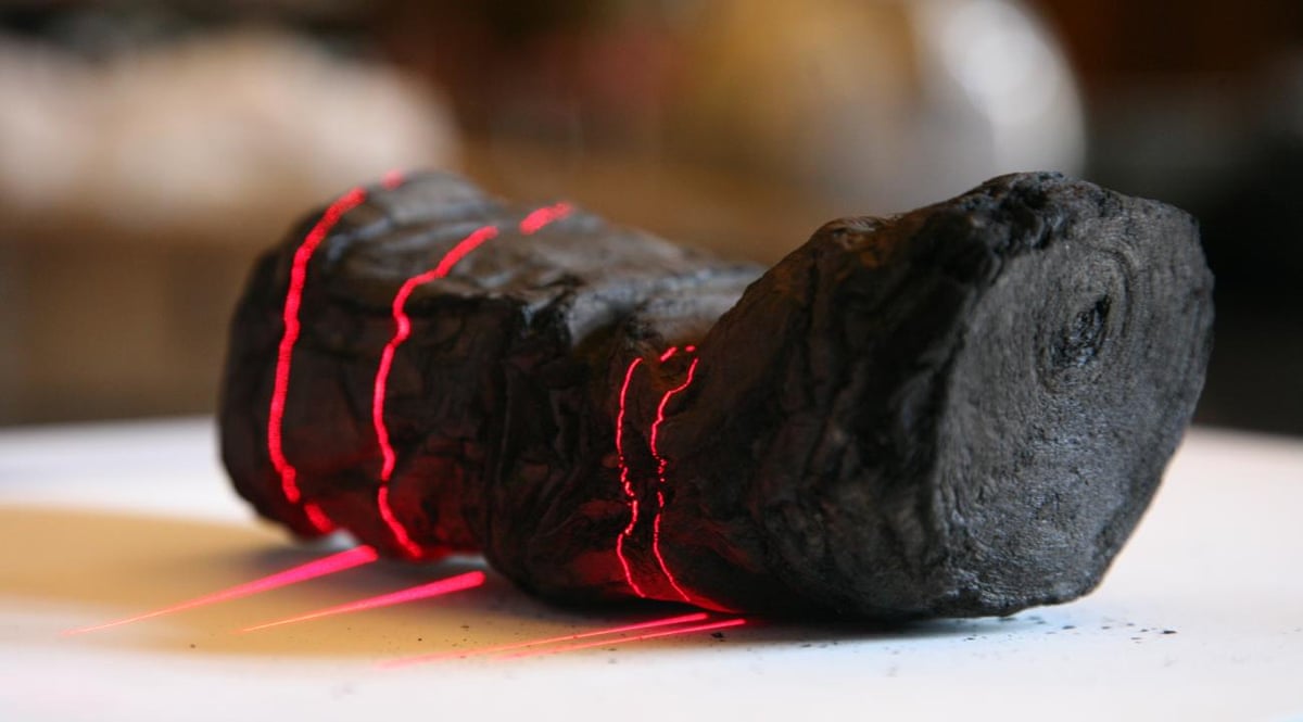 Charred Herculaneum scroll with red laser lines 