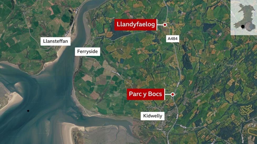 A map of the area with the following places marked: The A484, Llanyfaelog, Llansteffan, Ferryside, Parc y Bocs roundabout and Kidwelly.