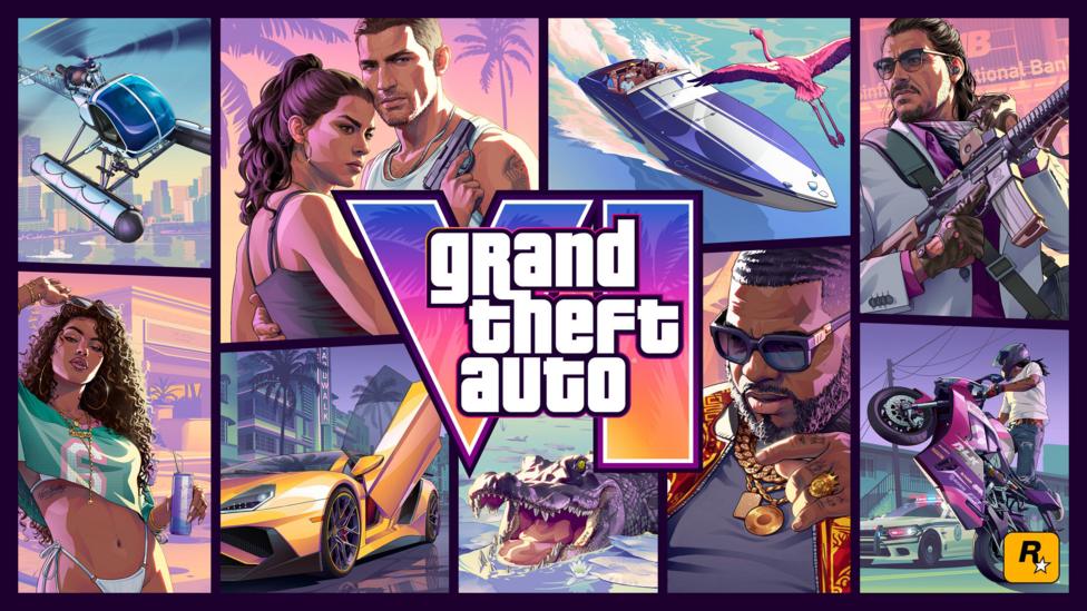 The cover art for GTA 6, showing the words Grand Theft Auto and the roman numberals VI in purple and orange. Behind it are characters from the game in a pop-art style plus a yellow car, a alligator, a flamingo and a helicopter in different panels. 