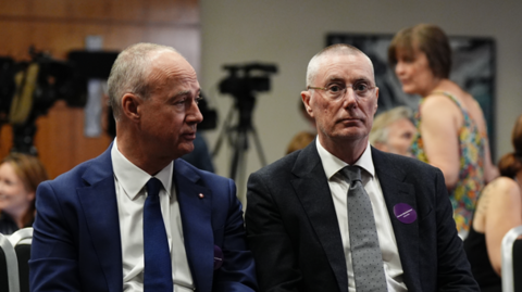 Nick Carver, chairman of the Nottingham University Hospitals (NUH) NHS Trust, and chief executive Anthony May (right) ahead of a press conference for the publication of former midwife Donna Ockenden's independent report into maternity care at NUH Trust.