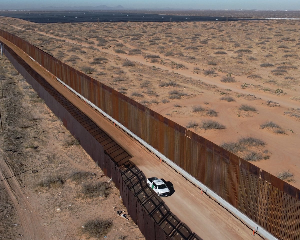 Aerial view of a US Border Patrol pickup next to Trump’s border wall being constructed at the US-Mexico border in Santa Teresa, New Mexico, US, as seen from Ciudad Juarez, Chihuahua state, Mexico on 14 January 2026.