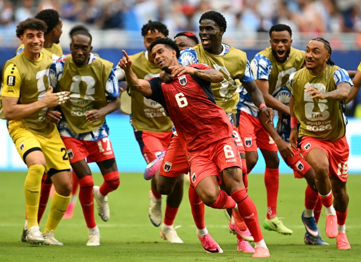 Cape Verde’s midfielder Kevin Pina celebrates with teammates after scoring his team’s first goal during the 2026 World Cup Group H football match between Uruguay and Cape Verde at the Miami Stadium in Miami Gardens on June 21, 2026