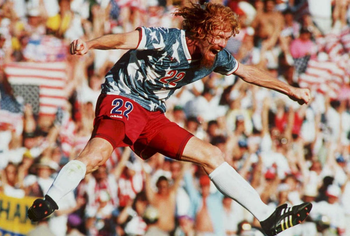 US national team defender Alexi Lalas jumps in the air 22 June 1994 as he celebrates after the US defeated Colombia in their World Cup match at the Rose Bowl in Pasadena, California. The US won their match 2-1