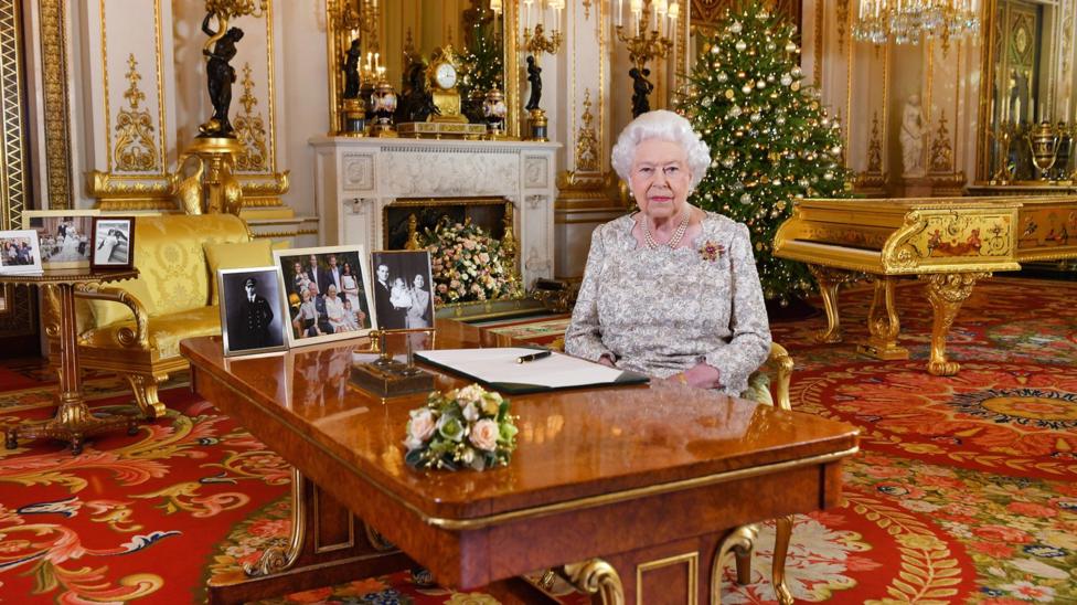 Queen Elizabeth II poses for a photo after she recorded her annual Christmas Day message, in the White Drawing Room at Buckingham Palace in a picture released on December 25, 2018