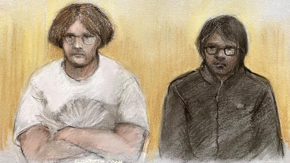 Court sketch of two men with long hair and glasses. One has a white tshirt on and the other is wearing a dark jacket 