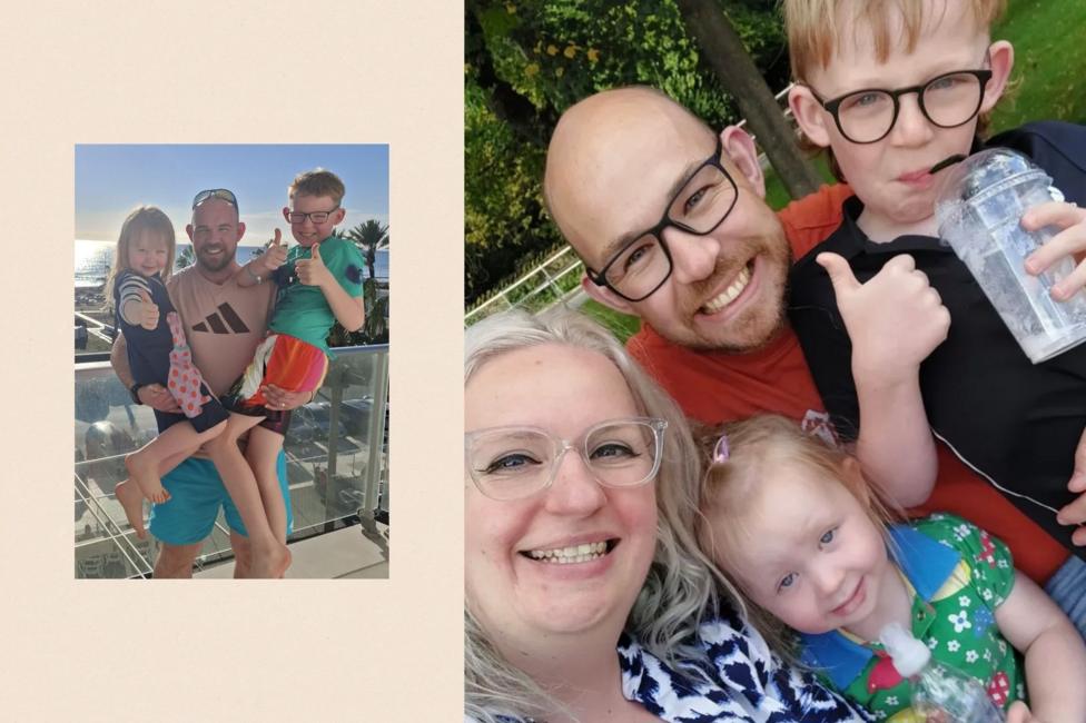 Two images, the one on the left is of Ciaran and his children and on the right him with his partner and children