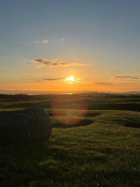 A sunrise taken from the top of a hill. The sky is yellow and orange and there is grass over the hill.