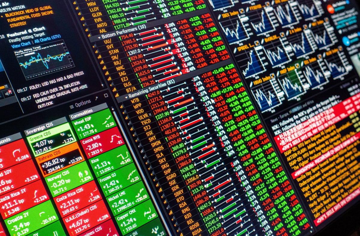 Computer screen closeup showing stock exchange financial data