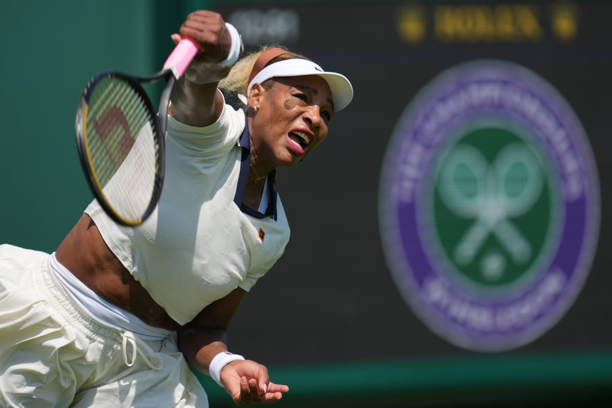 Serena Williams serves during a practice session ahead of the Wimbledon Tennis Championships
