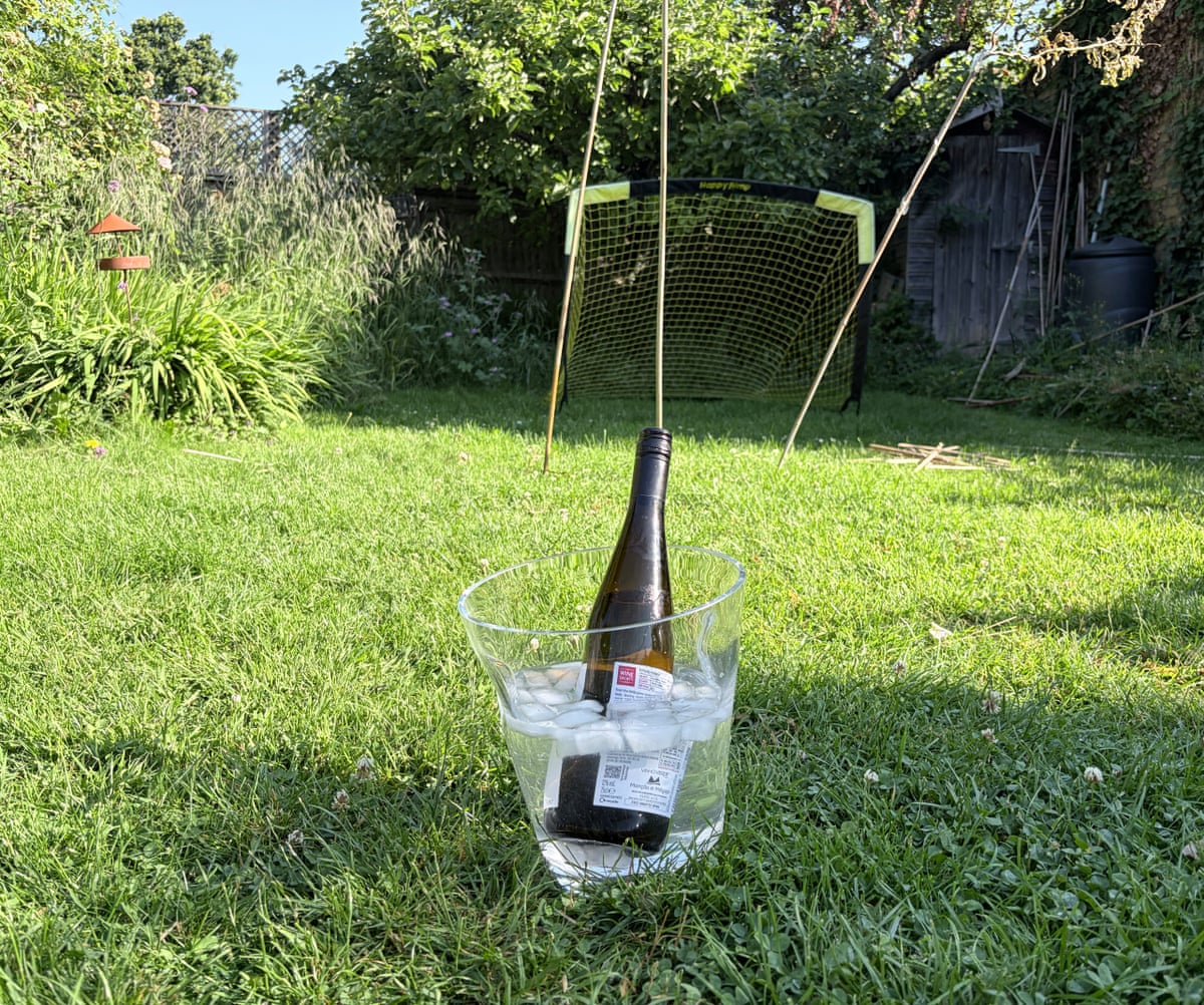 A bottle of wine in the Nude glacier wine cooler on a lawn.