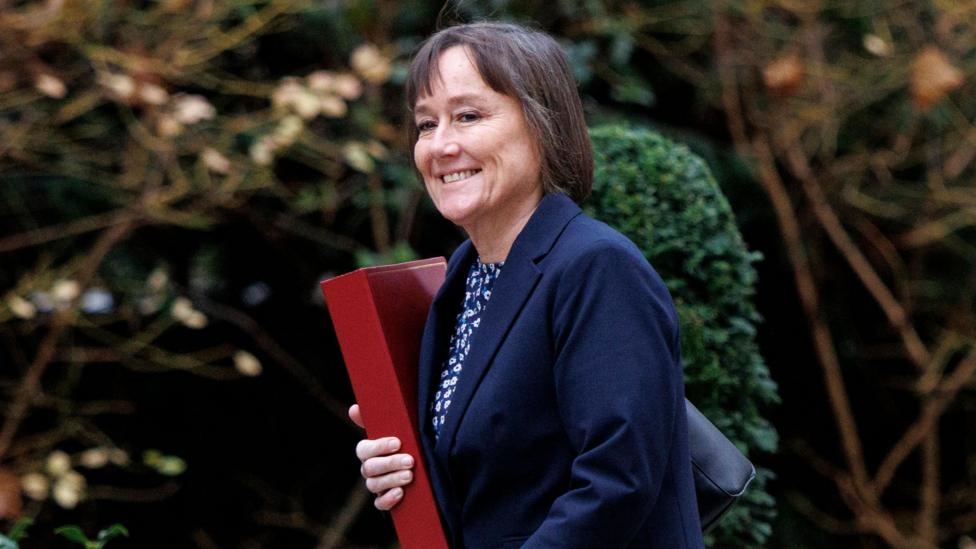 Jo Stevens is photographed arriving at 10 Downing Street for a cabinet meeting in London. She is holding the red budget box in her hand. She is wearing a navy-blue blazer and a top with a floral pattern.