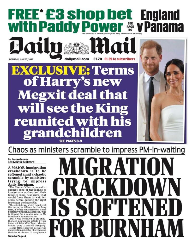 The headline on the front page of the Daily Mail reads: 