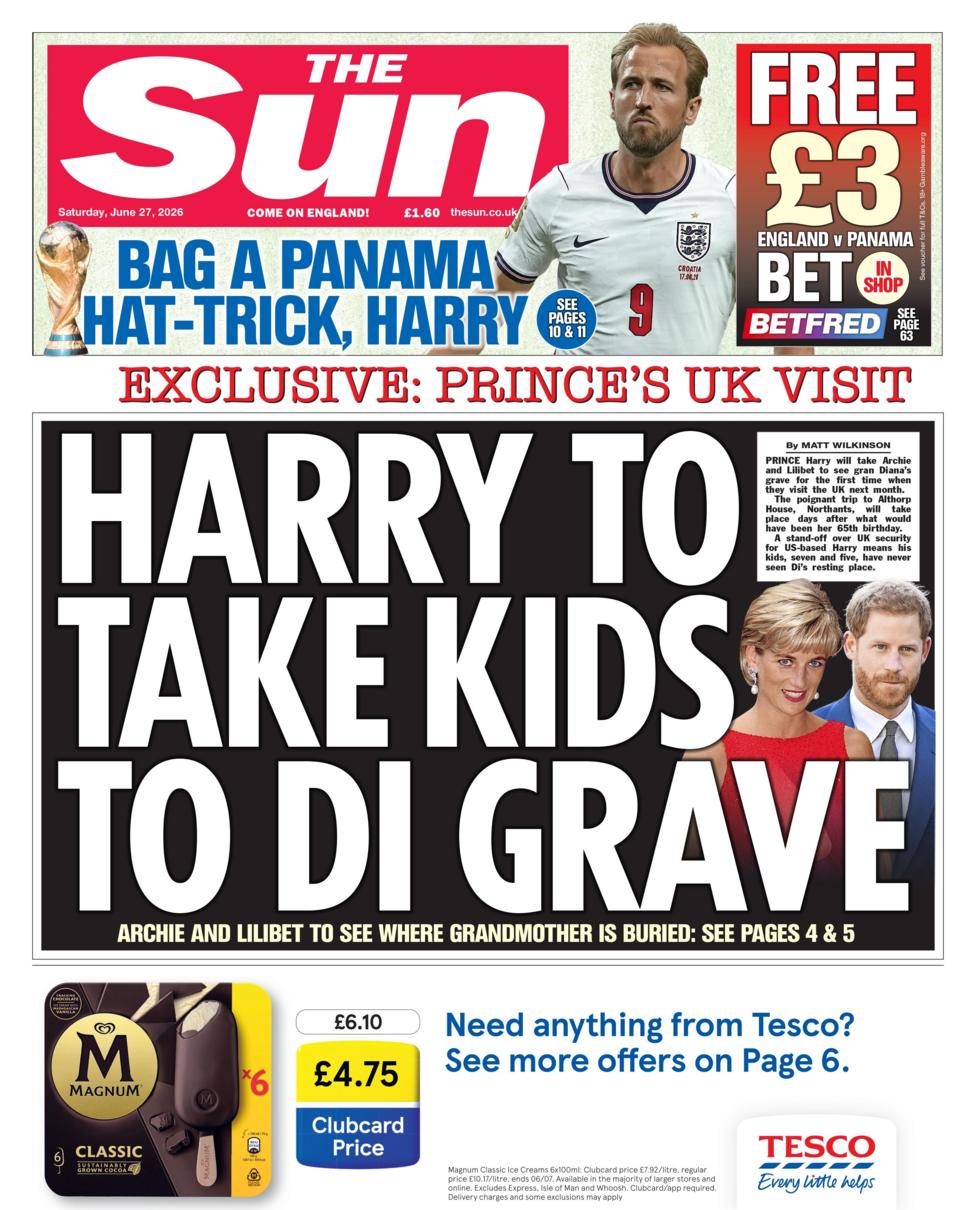 The headline on the front page of the Sun reads: 
