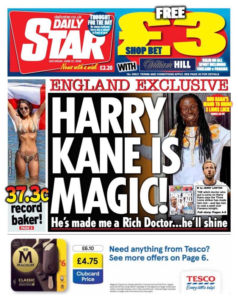 The headline on the front page of the Sun reads: 