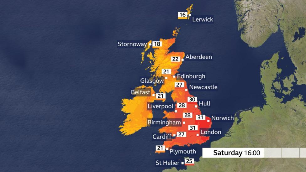 A weather map showing temperatures on Saturday peaking between the low twenties and the low thirties