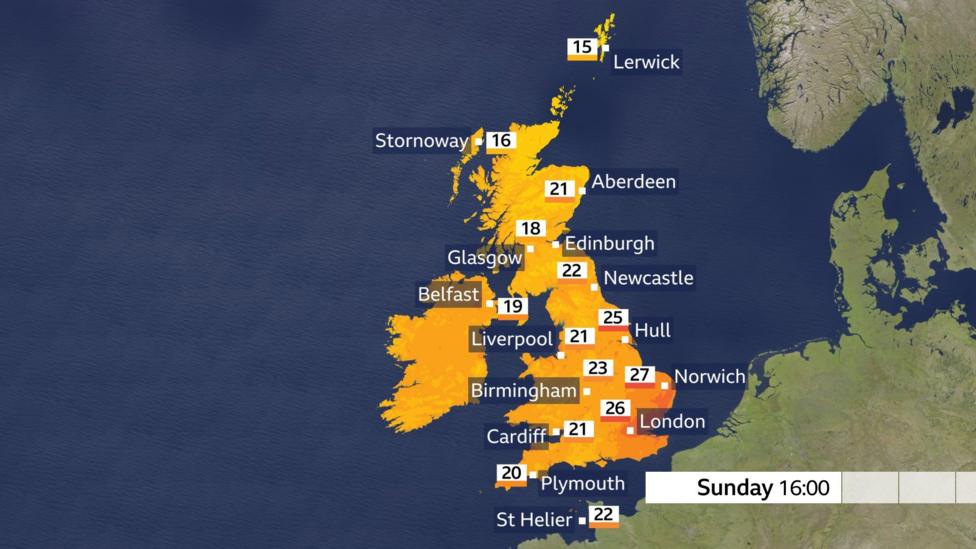 A weather map showing the maximum temperatures on Sunday