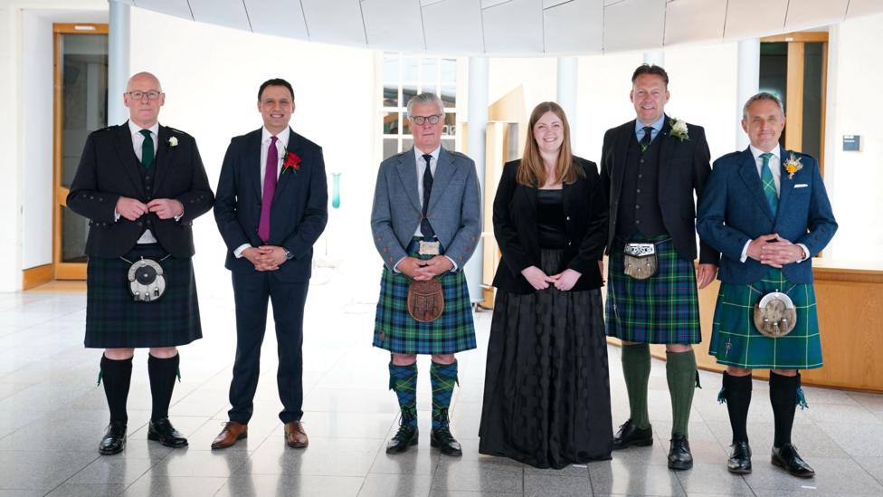 From left to right: First Minister and SNP leader John Swinney, Scottish Labour leader Anas Sarwar, Reform UK Scotland leader Malcolm Offord, Scottish Green Party co-leader Gillian Mackay, Scottish Conservatives leader Russell Findlay and Scottish Liberal Democrat leader Alex Cole-Hamilton