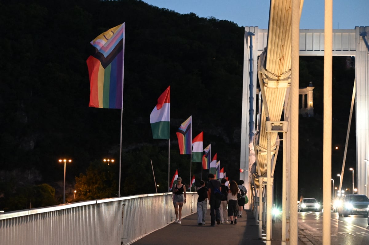 The 'Progress Pride' rainbow flags is seen on the Erzsebet Bridge in Budapest, Hungary.