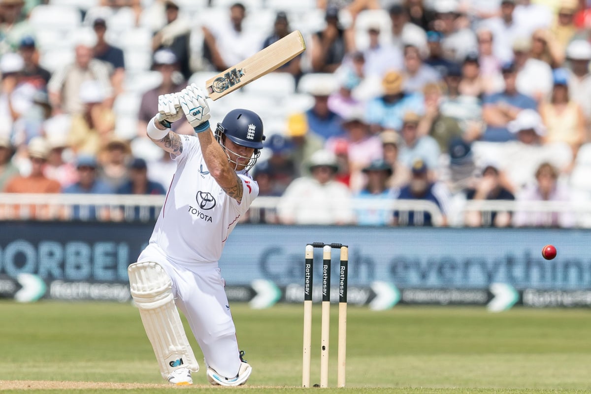 Ben Stokes, with one knee on the ground, hits through the off side
